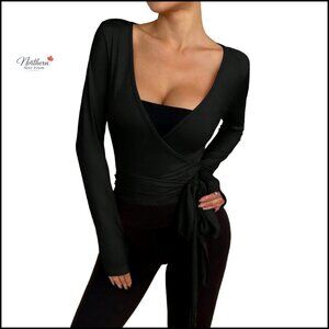 Women's Long Sleeve Wrap Crop Top V-Neck Tie Side Yoga Workout T-Shirt